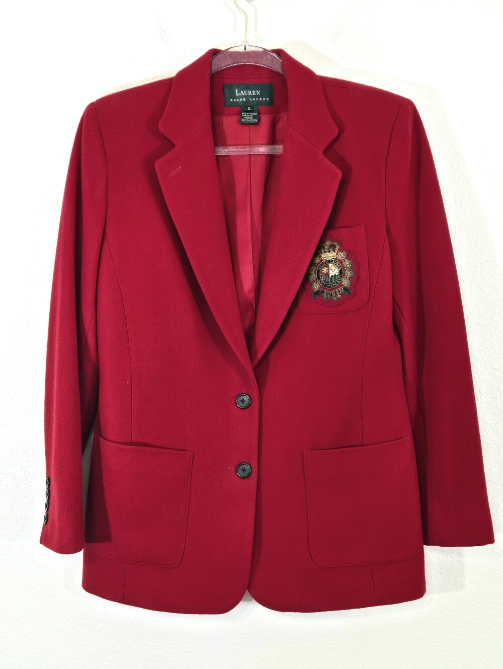 Lauren Ralph Lauren Red Crest Blazer Jacket Wool/Cashmere Blend, size 6